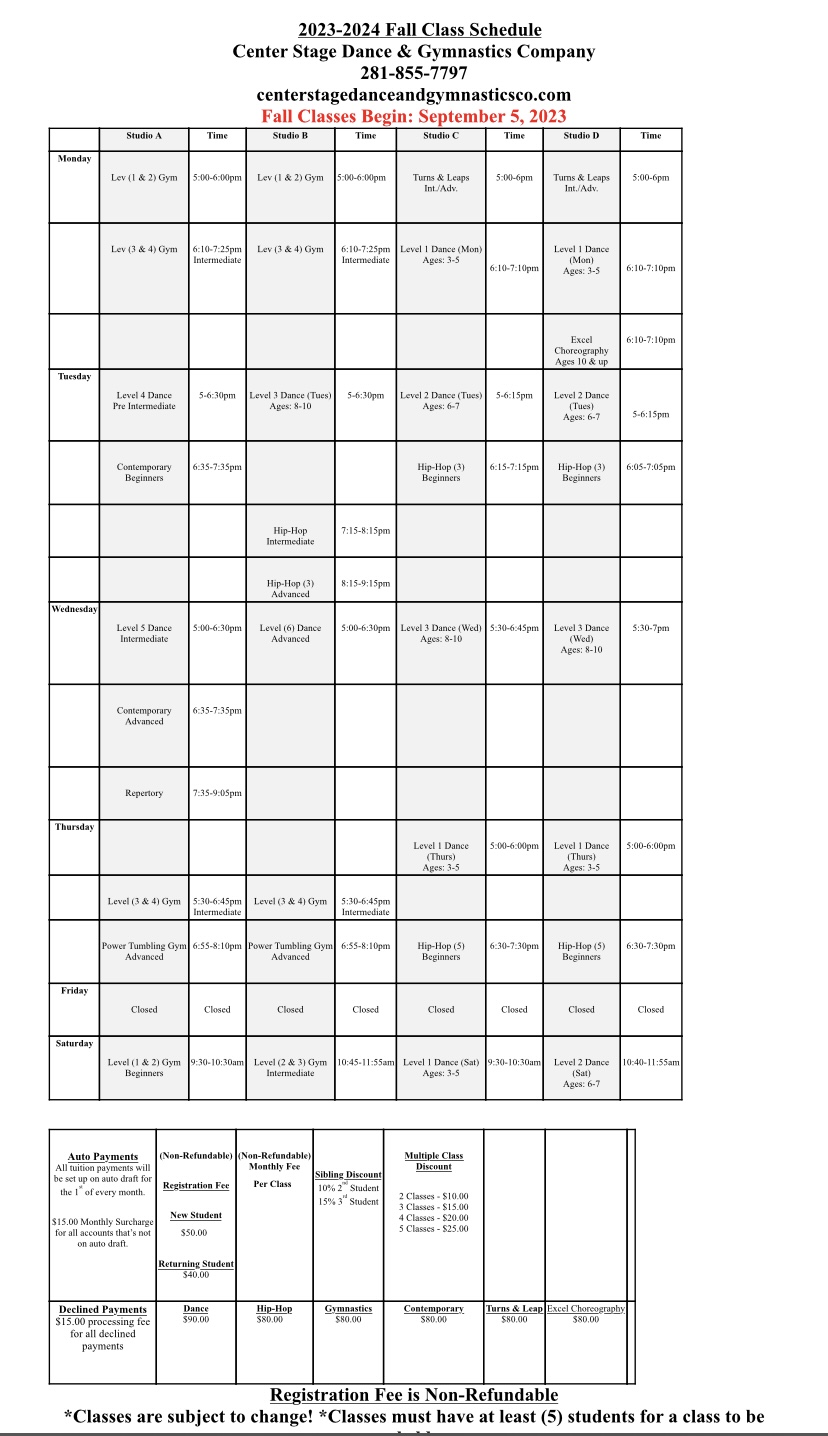 Fall Class Schedule 20232024